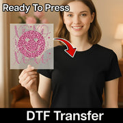 A woman holding a piece of paper with a smiley face design on it, and there is a red arrow pointing to her chest.