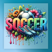 The image is a vibrant and colorful graphic design featuring the word "SOCCER" surrounded by various elements such as flowers, leaves, and soccer-related objects like a ball and cleats.