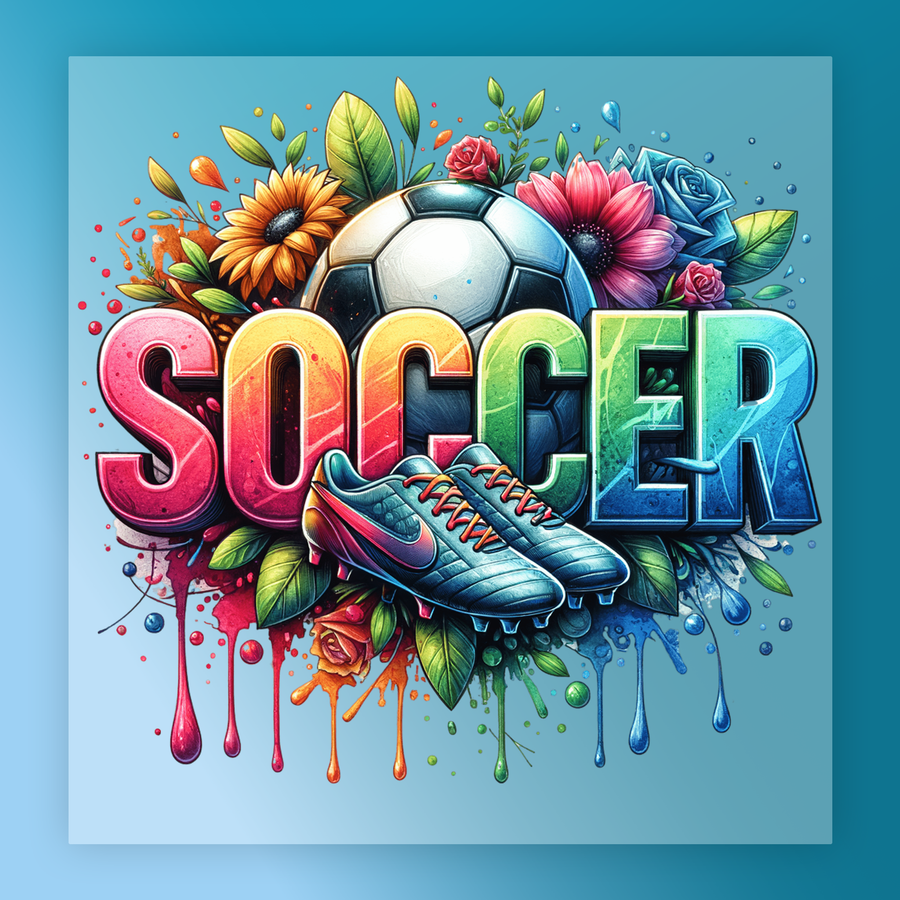 The image is a vibrant and colorful graphic design featuring the word "SOCCER" surrounded by various elements such as flowers, leaves, and soccer-related objects like a ball and cleats.