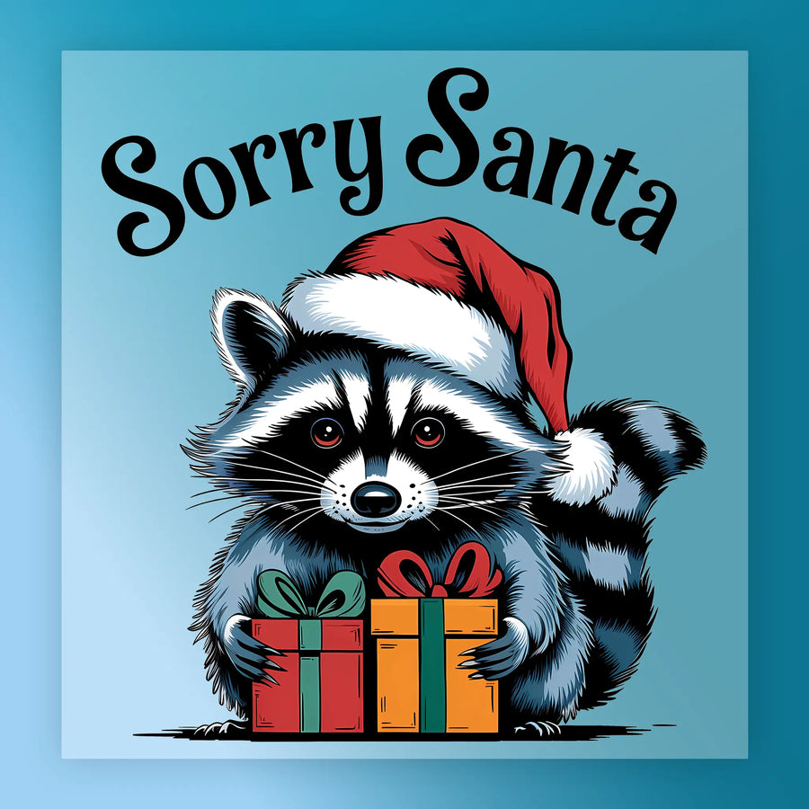 The Sorry Santa Raccoon Holiday Humor design by InkMerge features a cute raccoon in a Santa hat with red and yellow gifts on a blue background—perfect for adding festive fun to your next heat press or DTF project.