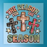 The Reason for the Season' Cross Design by InkMerge features three star-decorated crosses and bold text on a light blue background, ideal for a faith shirt or DTF transfer with a Christian Christmas message.