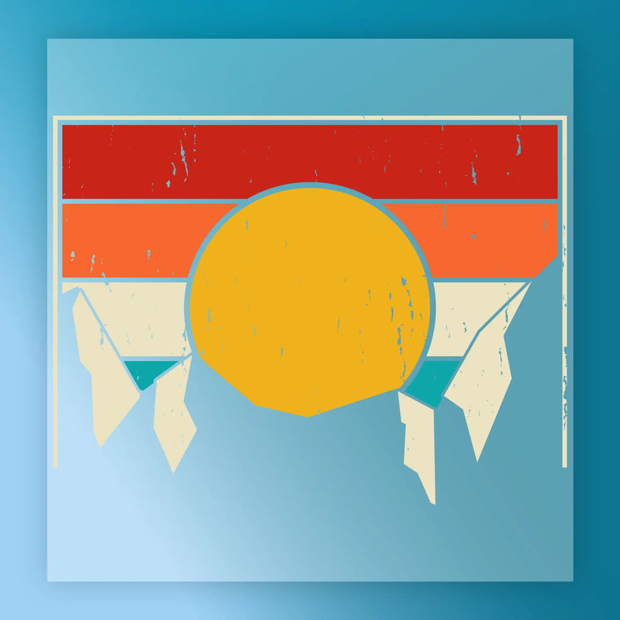 The Good Vibes Retro Sunset by InkMerge features a vintage yellow-orange sun with red, orange, cream, and teal stripes, distressed textures, and angular cream shapes—ideal for heat press or DTF transfers.