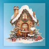 InkMerge’s Nostalgic Gingerbread House Design features a snowy roof, festive garlands, gift boxes, and two gingerbread people outside with snow-covered trees—perfect for pressing onto your holiday projects.