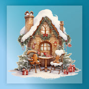 InkMerge’s Nostalgic Gingerbread House Design features a snowy roof, festive garlands, gift boxes, and two gingerbread people outside with snow-covered trees—perfect for pressing onto your holiday projects.