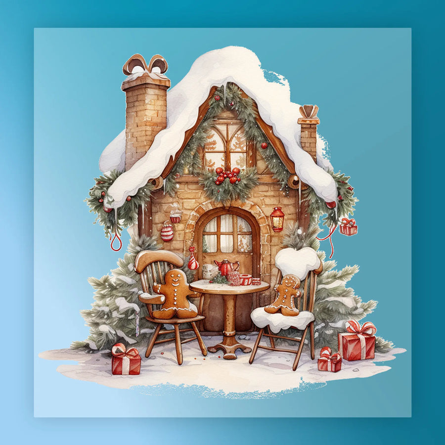 InkMerge’s Nostalgic Gingerbread House Design features a snowy roof, festive garlands, gift boxes, and two gingerbread people outside with snow-covered trees—perfect for pressing onto your holiday projects.
