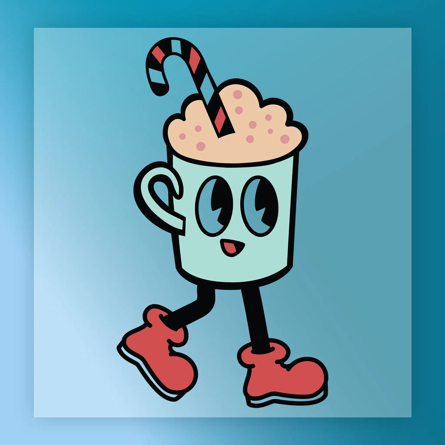 InkMerge's Cartoon Holiday Mug with Candy Cane features a cute mug with big eyes, black legs, red boots, and a striped straw against a blue background—ideal for Custom Apparel or playful DTF Transfers.