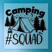 The InkMerge Camping #Squad Outdoor Adventure - Heat Press Ready design features a black illustration on blue with tent, trees, campfire, wildlife, and text. Ideal for heat press or DTF transfer projects.