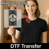 A woman holding a transparent card with a graphic design on it, and there is text overlay that says "Ready To Press" and "DTF Transfer".