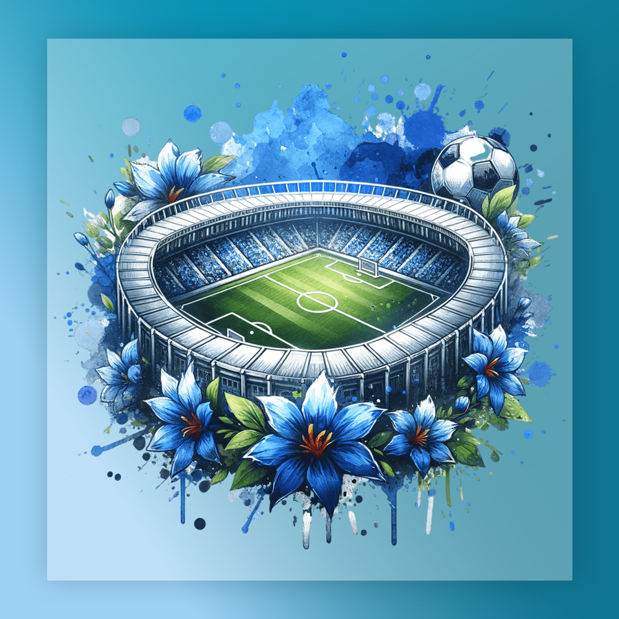 A colorful illustration depicting a soccer stadium surrounded by blue flowers and splashes of blue and green paint.