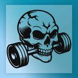 A stylized illustration of a skull with a barbell on its head, set against a blue background.