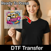A smiling woman holding a sign with a colorful graphic design, and there is text indicating that the image is ready to be transferred using a DTF (Digital Transfer Tool) software.