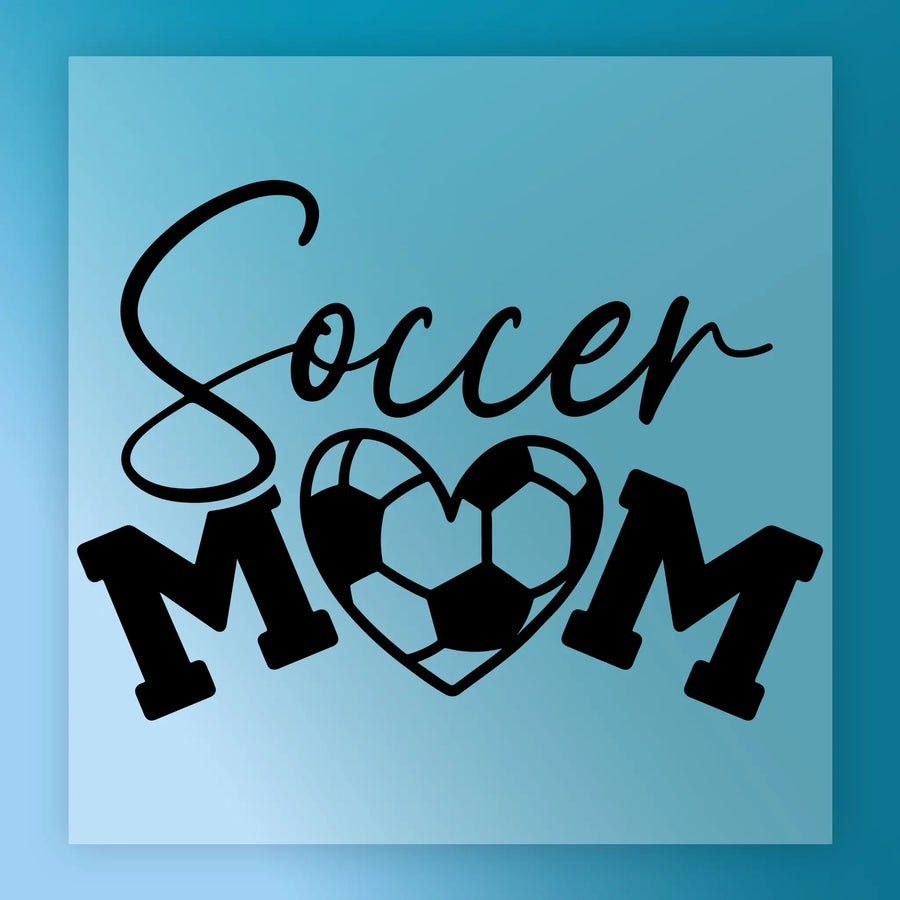 a graphic design with the text "Soccer Mom" and a soccer ball graphic.