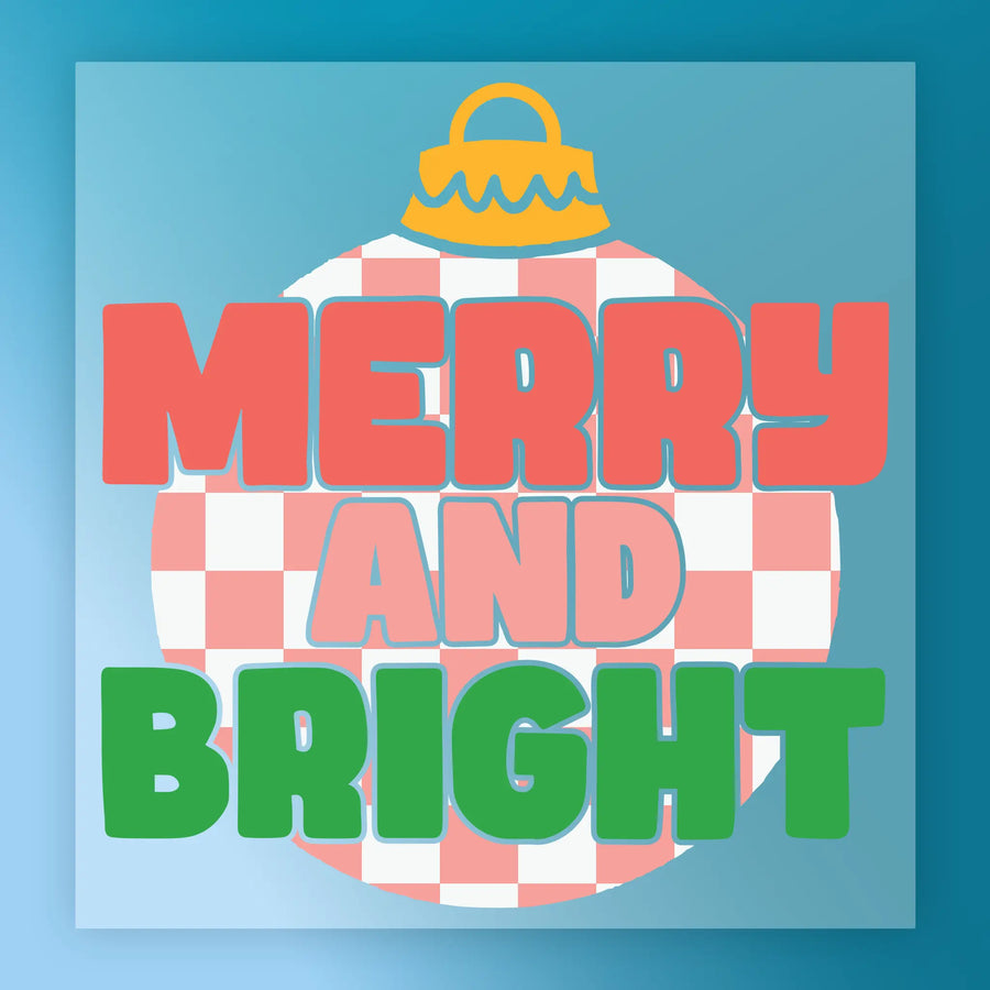 The Merry and Bright Ornament Design by InkMerge features a red and white checkered ornament with a yellow top and bold “MERRY AND BRIGHT” text on blue—ideal as a premium DTF film or heat press transfer for holiday crafts.