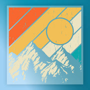 The InkMerge Retro Geometric Pattern features snowy mountains, a large sun, and diagonal orange, yellow, and teal stripes for a weathered vintage look—perfect for custom apparel.