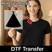A woman is holding up a sign with a graphic of a teepee, and there is text that says "Ready To Press" and "DTF Transfer" below the image.