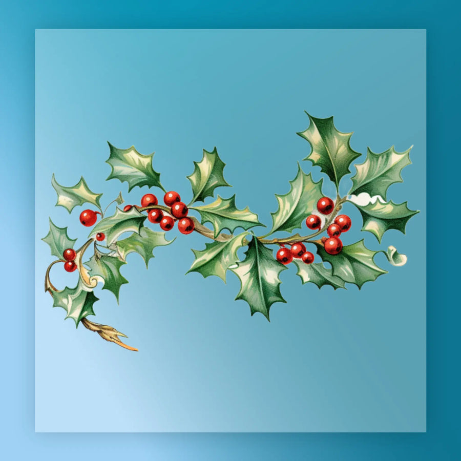 The InkMerge Christmas Holly Leaves Design features festive green holly leaves and red berries in a gentle curve on a blue gradient, perfect for DTF transfers and holiday crafts.