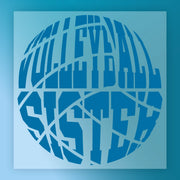 the word "VOLLEYBALL" written in a stylized, circular design with blue and white colors.