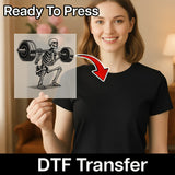 A woman holding a transparent image of a skeleton lifting a barbell, with a red arrow pointing to the skeleton.