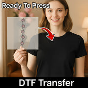 A woman in black holds a transparent Pastel Disco Ball Celebration - Heat Press Ready sheet by InkMerge. An arrow points to her shirt. Top text: Ready To Press; bottom text: DTF Transfer for custom apparel, ideal for any heat press project.