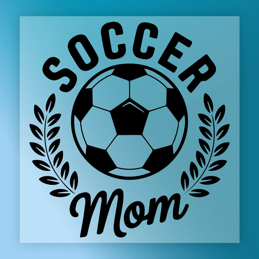 a soccer ball with the text "SOCCER MOM" written around it, along with a laurel wreath.