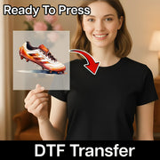 A woman holding a transparent sheet with an orange and white soccer cleat design on it, with a red arrow pointing to the cleat.