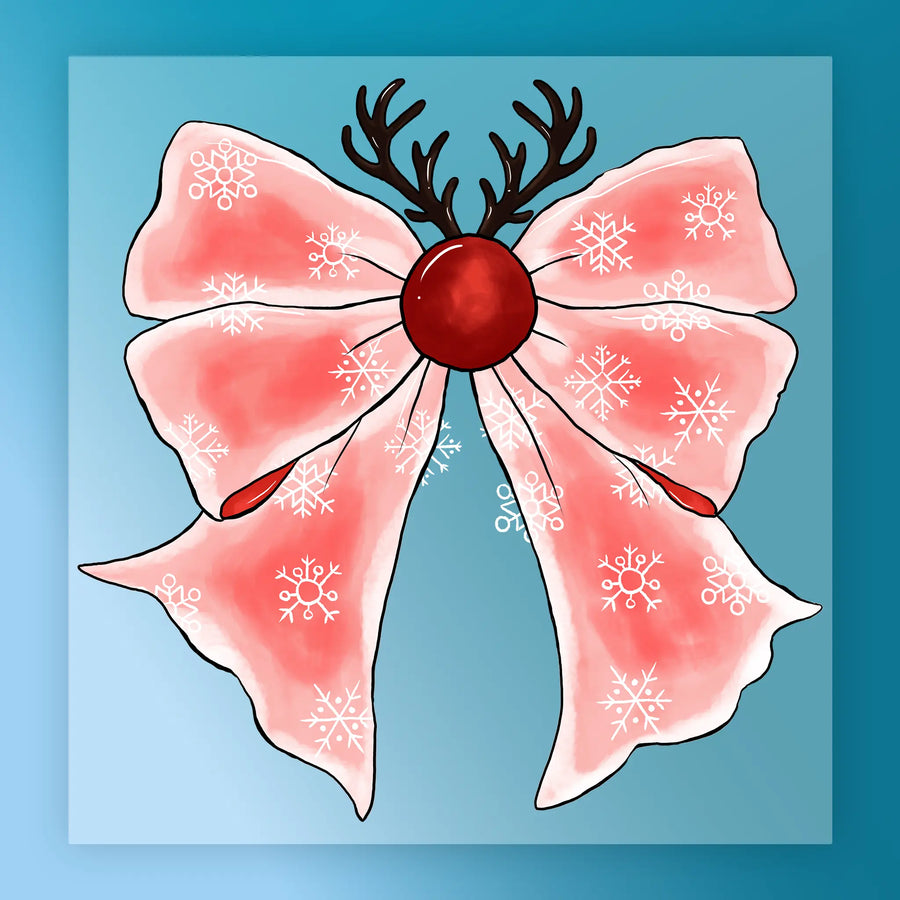InkMerge’s Festive Bow with Reindeer Antlers and Red Nose features a red bow with white snowflakes, shiny red center, reindeer antlers, and is ideal for DTF or holiday shirt transfers on a light blue background.