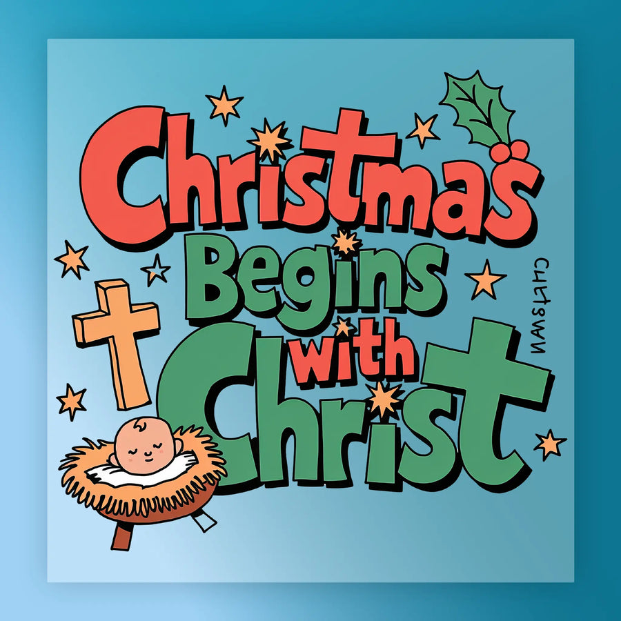 Vibrant "Christmas Begins With Christ" illustration by InkMerge, featuring stars, cross, holly, and a manger scene—ideal as a Christmas DTF or holiday shirt transfer for heat press projects.