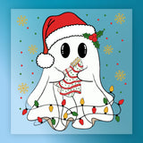 A whimsical illustration of a ghost wearing a Santa hat and holding a Christmas tree, surrounded by colorful lights and snowflakes against a blue background.