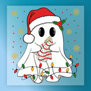 A whimsical illustration of a ghost wearing a Santa hat and holding a Christmas tree, surrounded by colorful lights and snowflakes against a blue background.
