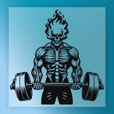 A muscular, skeletal figure with a skull-like face is lifting a barbell, with flames emanating from its head.