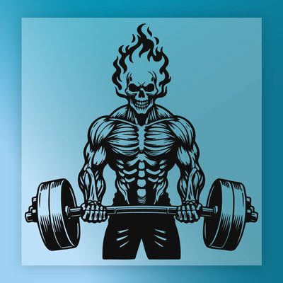 Muscular Skeleton Flaming Skull Barbell - Ready to Press - InkMerge DTF Transfer