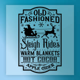 InkMerge’s Old Fashioned Sleigh Rides Nostalgia Heat Press Ready DTF transfer features black text and Santa’s sleigh on blue with “Old Fashioned Sleigh Rides, Warm Blankets, Hot Cocoa, Apple Cider.” Precut and ready to press.