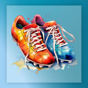A pair of vibrant, colorful soccer cleats with white laces and soles, set against a blue background with splashes of color.