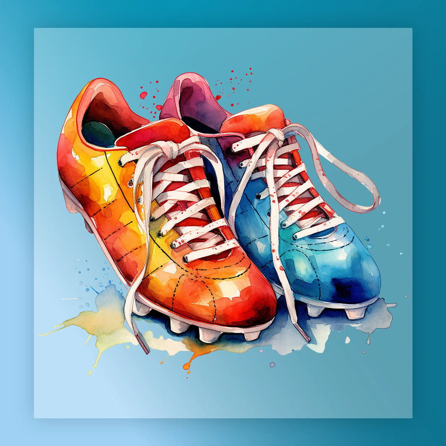 A pair of vibrant, colorful soccer cleats with white laces and soles, set against a blue background with splashes of color.