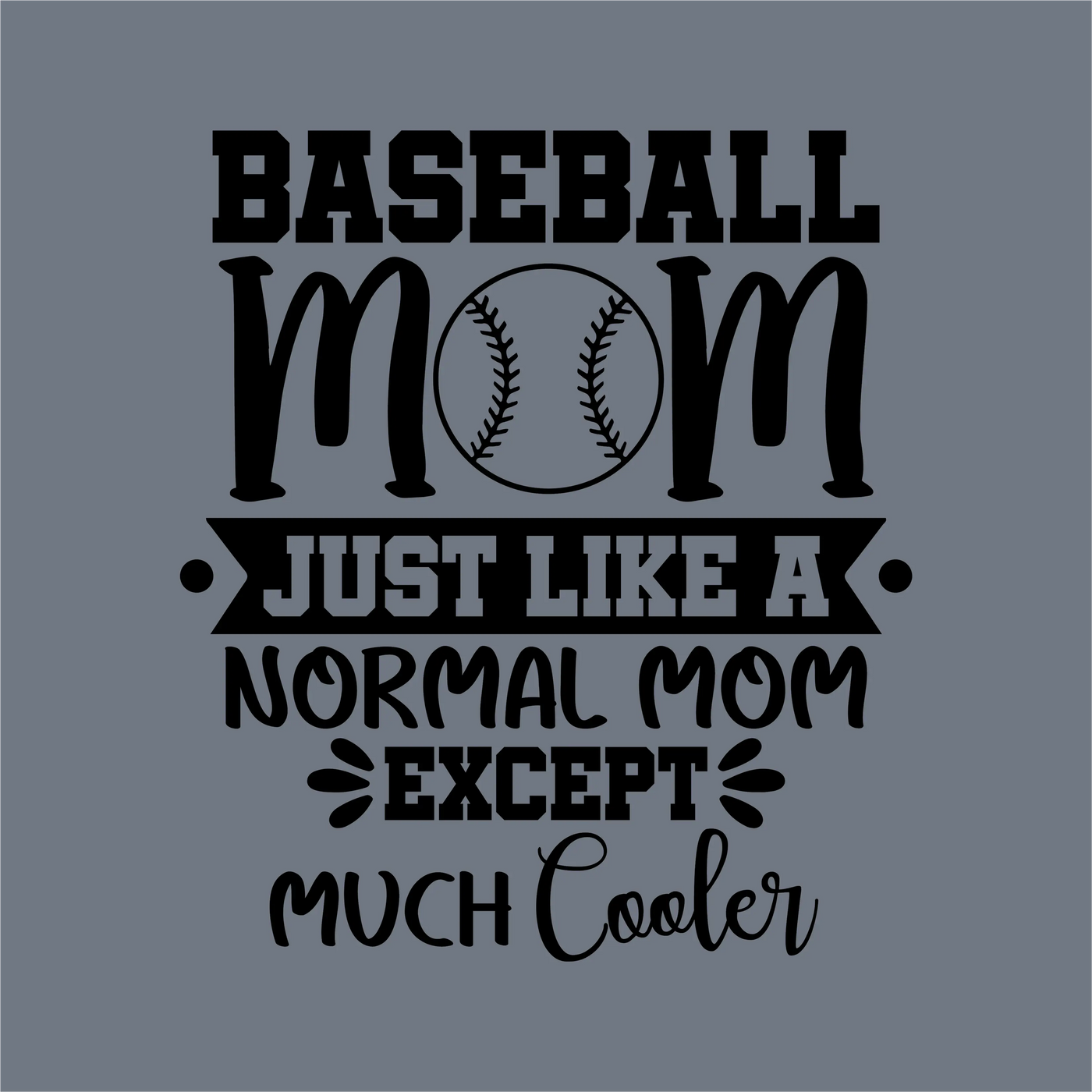 Text graphic on gray: "Baseball Mom, just like a normal mom except much cooler," with a baseball image as the O in MOM—InkMerge Baseball Mom Cooler DTF Transfer, perfect for custom apparel for the coolest baseball moms.
