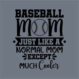 Text graphic on gray: "Baseball Mom, just like a normal mom except much cooler," with a baseball image as the O in MOM—InkMerge Baseball Mom Cooler DTF Transfer, perfect for custom apparel for the coolest baseball moms.