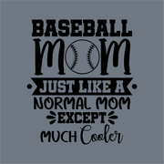 Text graphic on gray: "Baseball Mom, just like a normal mom except much cooler," with a baseball image as the O in MOM—InkMerge Baseball Mom Cooler DTF Transfer, perfect for custom apparel for the coolest baseball moms.