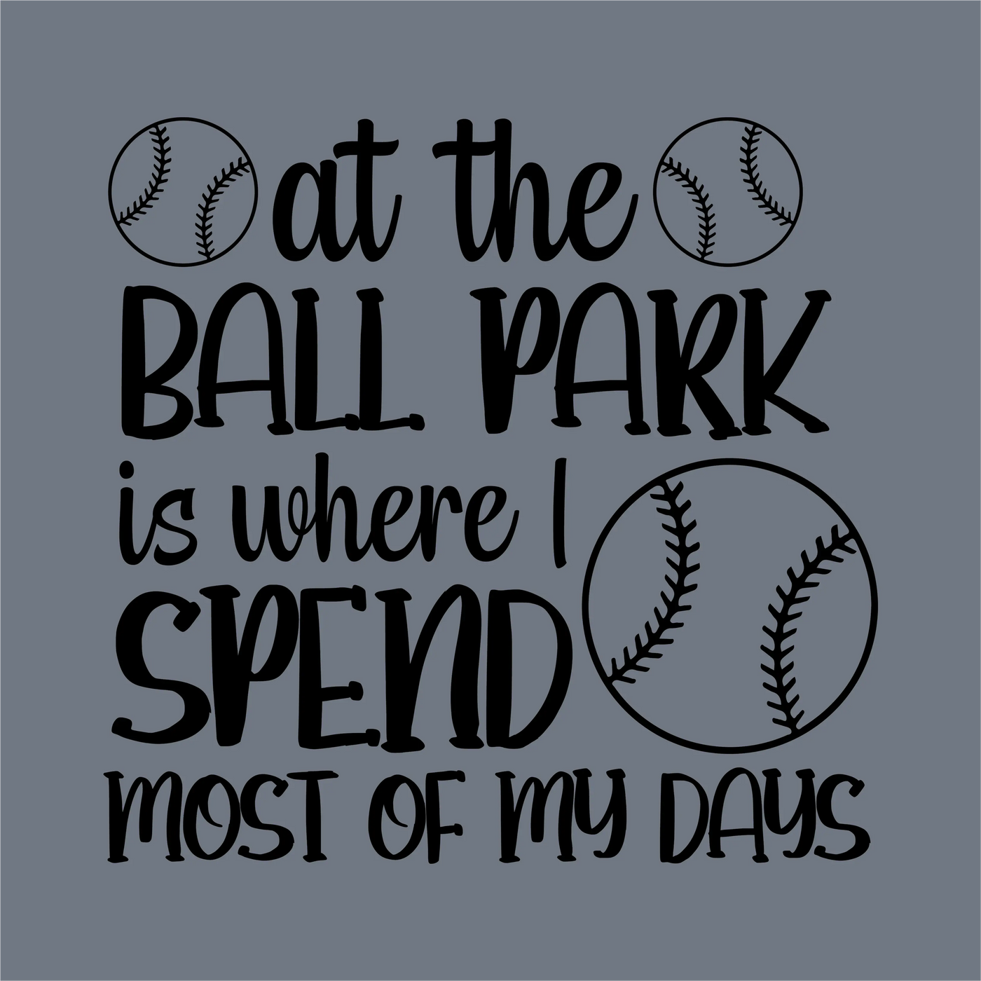 The InkMerge At the Ball Park DTF Transfer features three baseball graphics and playful text on a gray background, ready as a precut transfer for easy application.