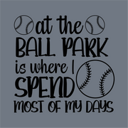The InkMerge At the Ball Park DTF Transfer features three baseball graphics and playful text on a gray background, ready as a precut transfer for easy application.