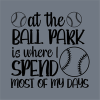 The At the Ball Park DTF Transfer – Ready to Press by InkMerge features playful black text and three baseballs on a gray background—perfect for baseball moms and ideal for heat press or DTF transfer projects.