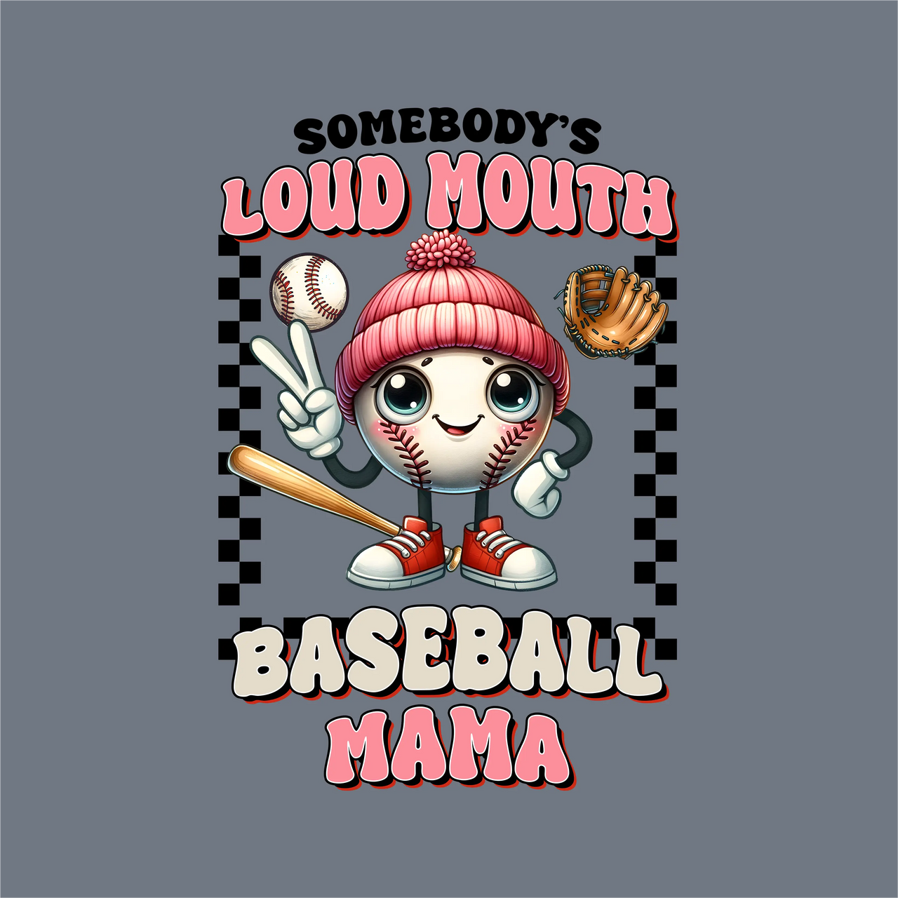 The InkMerge Baseball Mama Loud Mouth DTF Transfer features a cute baseball character in sneakers and pink beanie, flashing a peace sign with “Somebody’s Loud Mouth Baseball Mama” text—perfect for your next shirt or ready-to-press project!.