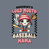 The InkMerge Baseball Mama Loud Mouth DTF Transfer features a cute baseball character in sneakers and a pink hat with glove and bat, plus bold "Baseball Mama" text—perfect for heat press or DTF transfer projects!.