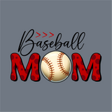 The image showcases InkMerge's Baseball Red Mom DTF Transfer on gray, featuring "Baseball" in black script and "MOM" in bold red with black polka dots. The O is a baseball. Ready to press, precut transfer—ideal for baseball moms.