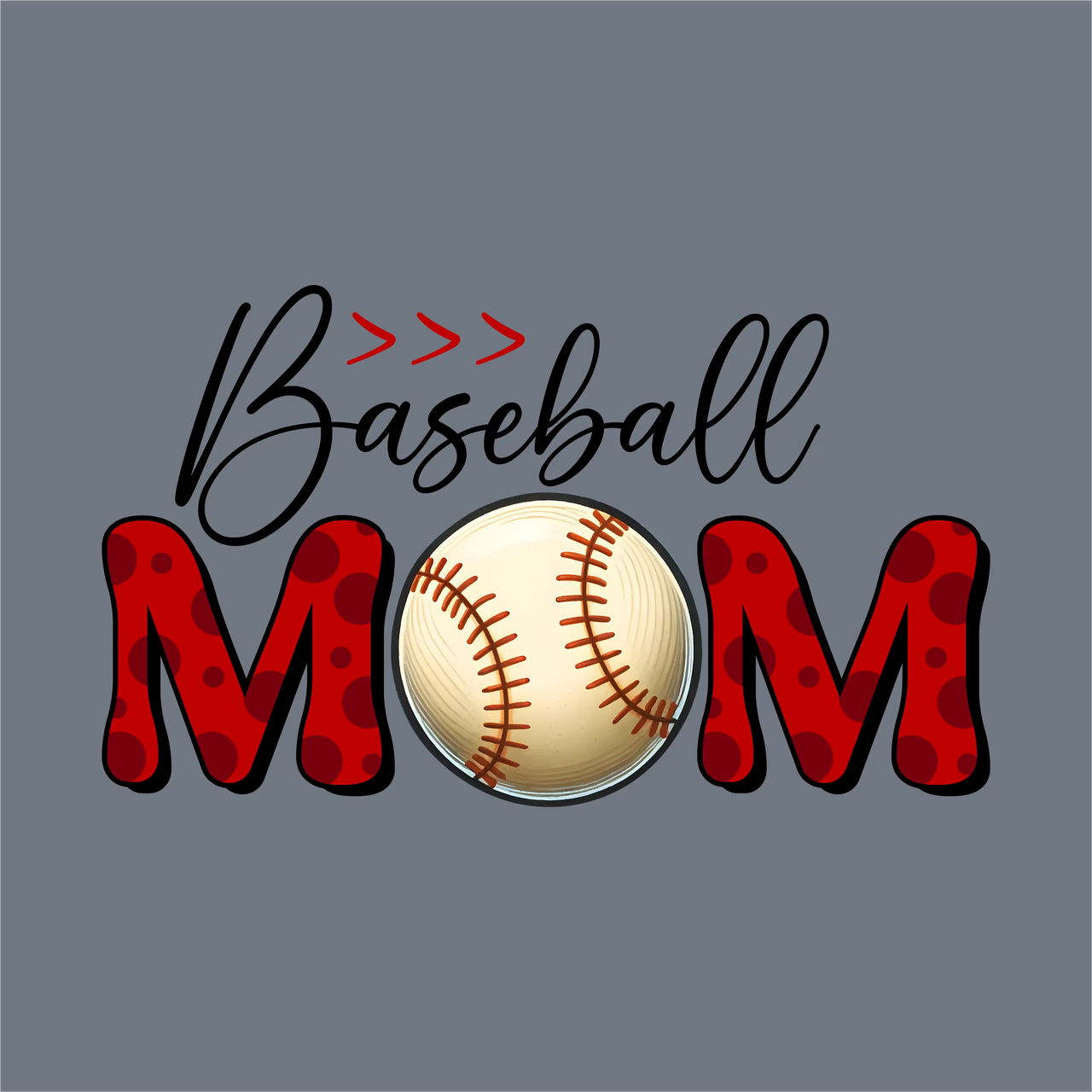 The image showcases the InkMerge Baseball Red Mom DTF Transfer – Ready to Press, featuring "Baseball" in black cursive and "MOM" in bold red with black polka dots, with a baseball for the "O", set on a gray background. Ideal for heat press transfers.