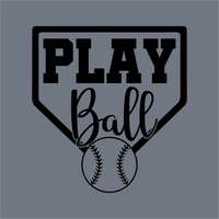 InkMerge’s Play Ball DTF Transfer – Ready to Press features “Play Ball” in black text within a home plate shape and baseball detail, on a solid gray background for simple heat press application. Ideal for your next DTF project.