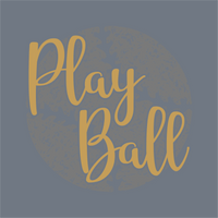 The Play Ball Script Circle DTF Transfer by InkMerge features yellow script text over a textured gray circle, creating a distressed baseball look—perfect for heat press projects and ready to press onto your favorite items.