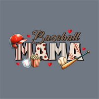 InkMerge’s Baseball Mama Retro DTF Transfer features a helmet, balls, bat, popcorn, red hearts, and “MAMA” with stripes and polka dots on gray. Ready to press for baseball moms!.