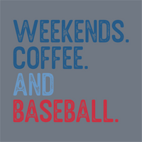The Weekends. Coffee. Baseball DTF Transfer – Ready to Press by InkMerge features bold, distressed text in blue, light blue, and red on a grey-blue background—ideal for your next baseball project.