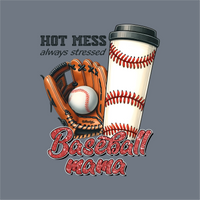 InkMerge’s Baseball Hot Mess DTF Transfer – Ready to Press features a baseball glove with a ball and coffee cup, plus 