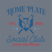 The InkMerge Home Plate Social Club DTF Transfer – Ready to Press features a blue and red logo with crossed bats, baseball, home plate, 